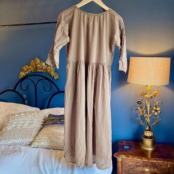 100% Cotton French Peasant Cottagecore Tan Dress - Picture 8 of 11